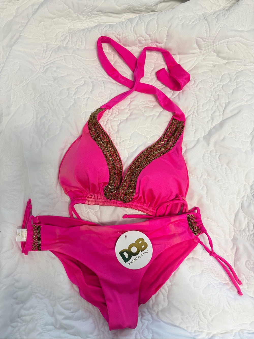 NWT Hot Pink Beaded Colombian Bikini Set